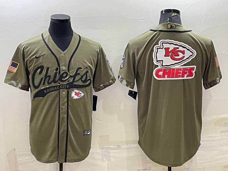 Men%27s Kansas City Chiefs Olive Salute to Service Team Big Logo Cool Base Stitched Baseball Jersey